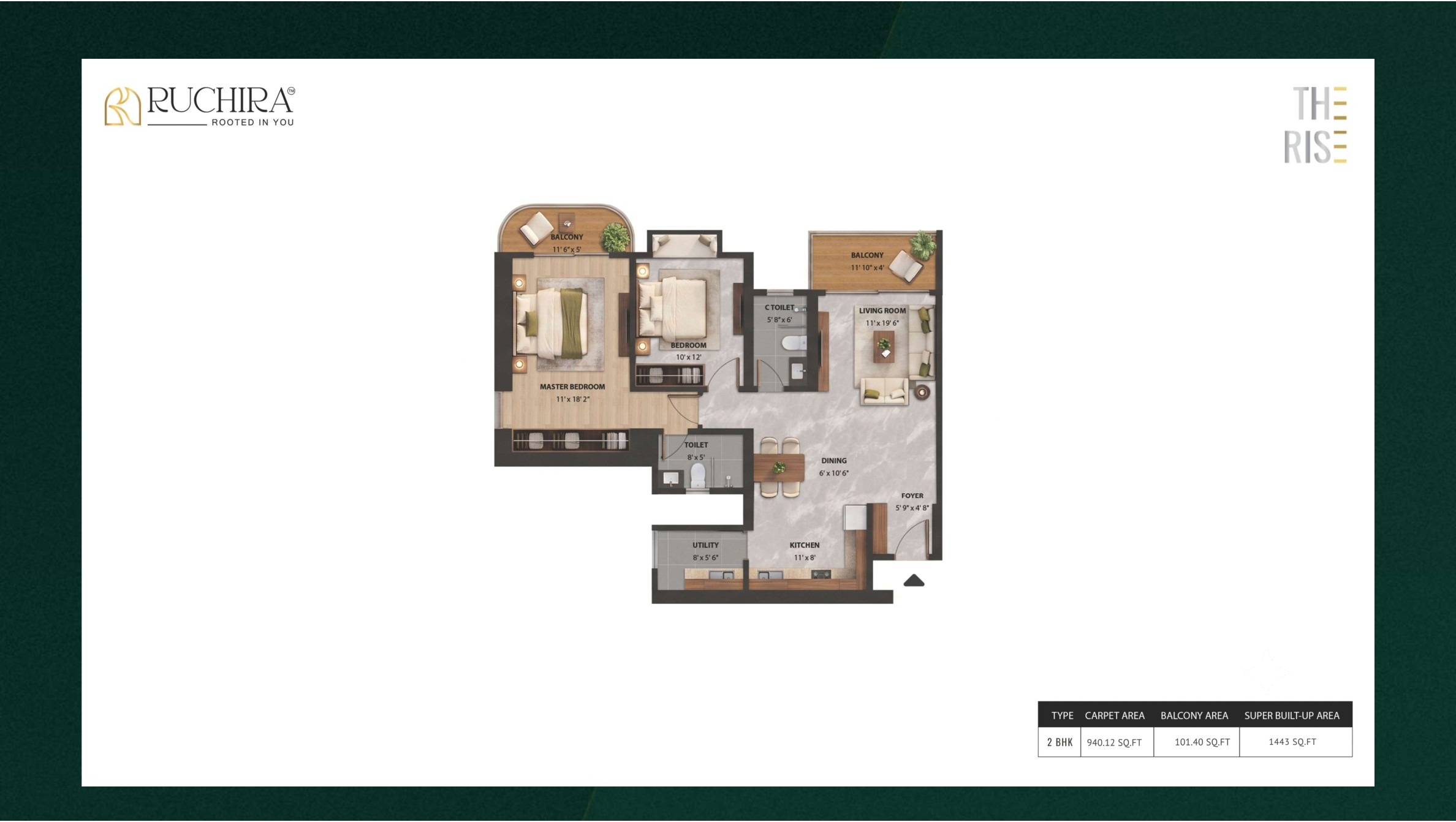 2 BHK floor plan at The Rise — super built-up area 1443 sq.ft.