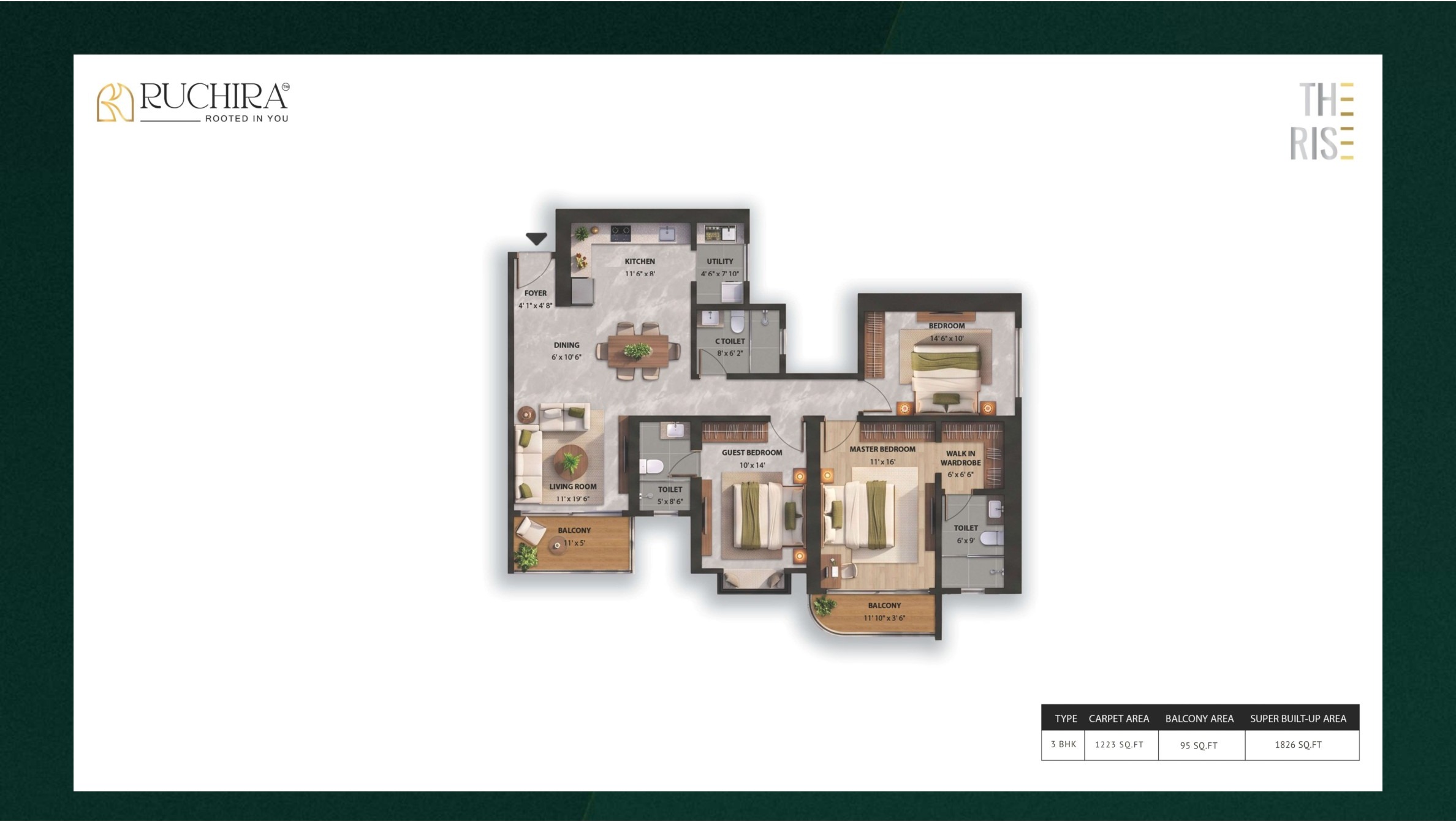 3 BHK floor plan at The Rise — super built-up area 1826 sq.ft.