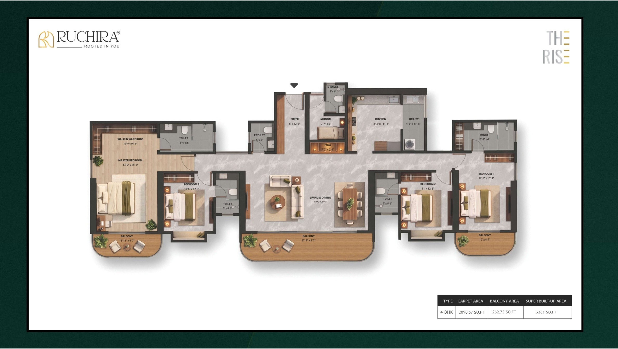 4 BHK floor plan at The Rise — super built-up area 3261 sq.ft.