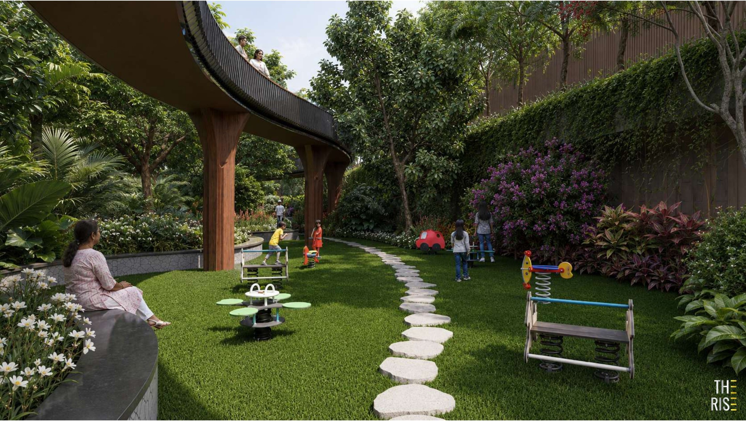 Children's play area beneath the sky bridge walkway at The Rise