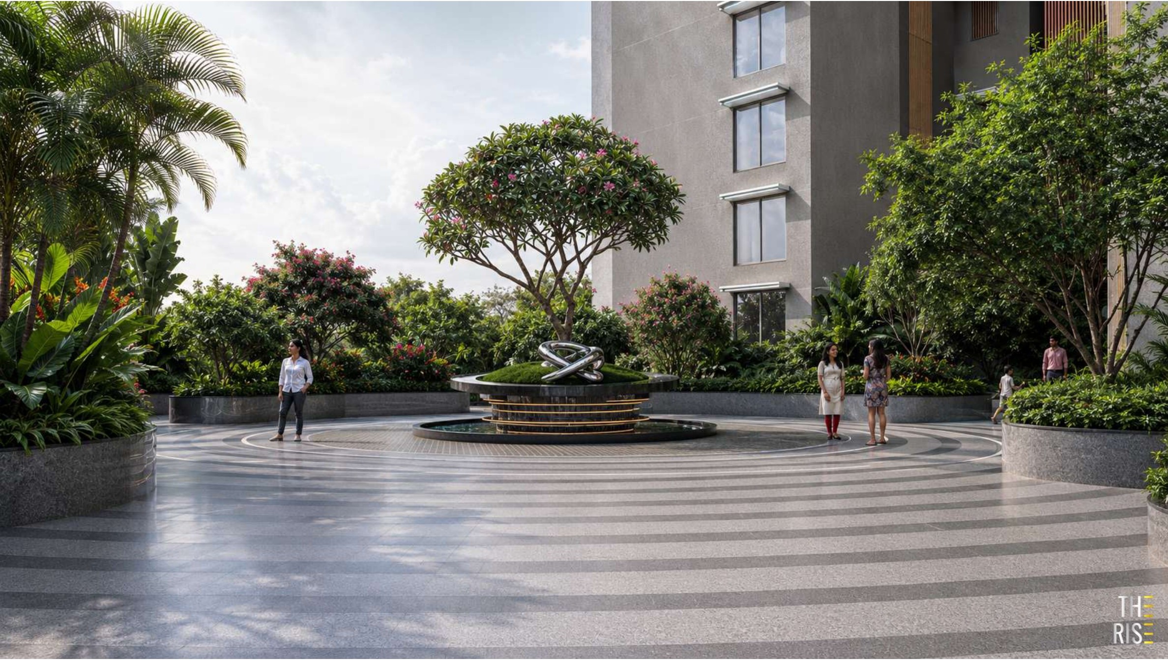 Landscaped plaza and water feature at the clubhouse entrance at The Rise