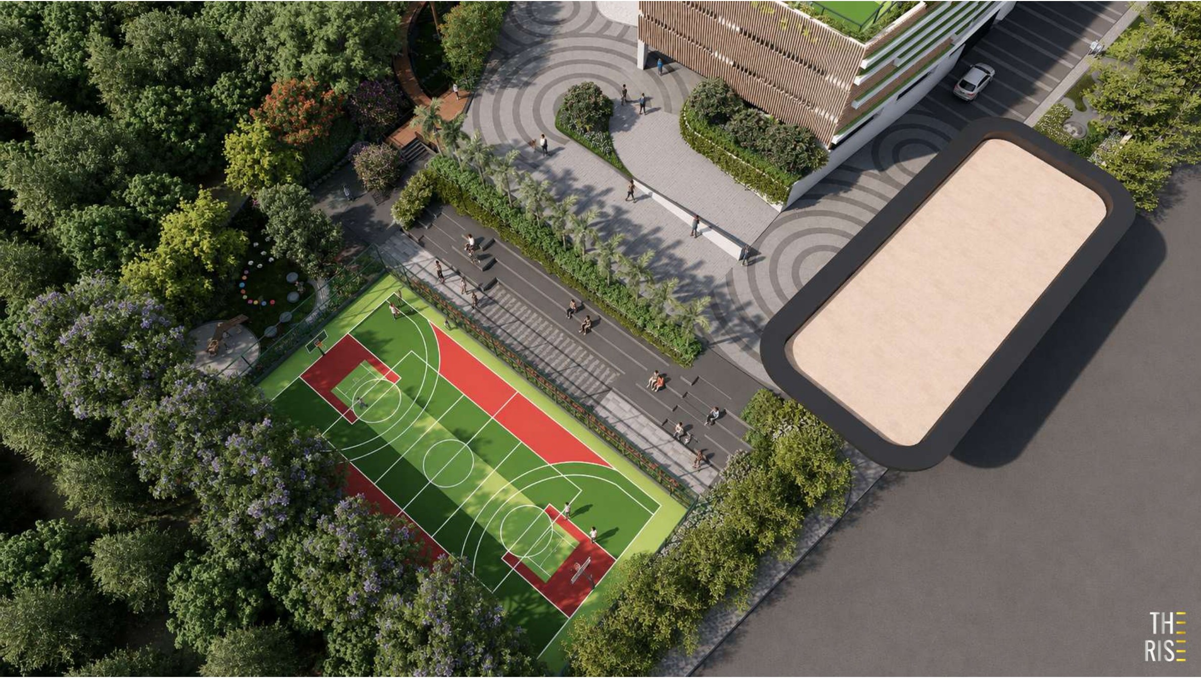 Aerial view of the multipurpose sports court and landscaped grounds at The Rise